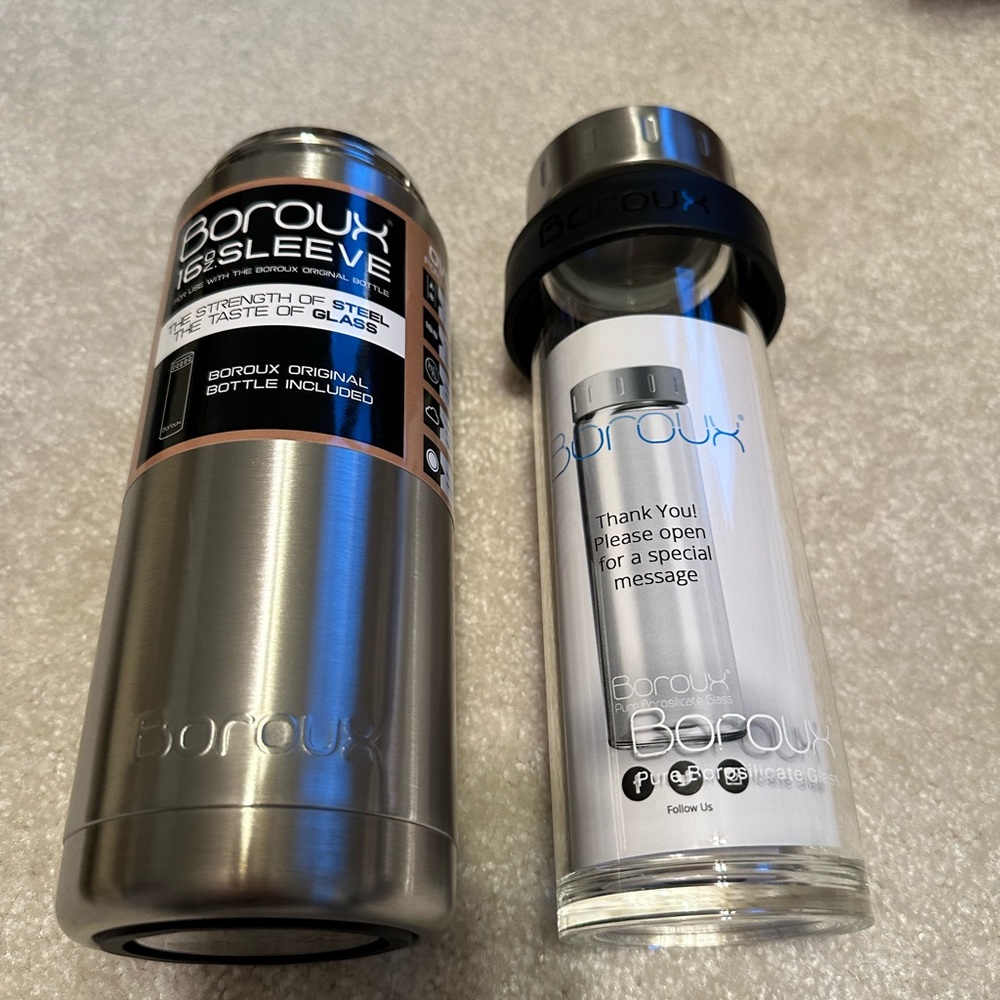 NEW Boroux Berkey Insulated Stainless Steel Sleeve and 16 oz Pure Glass Bottle